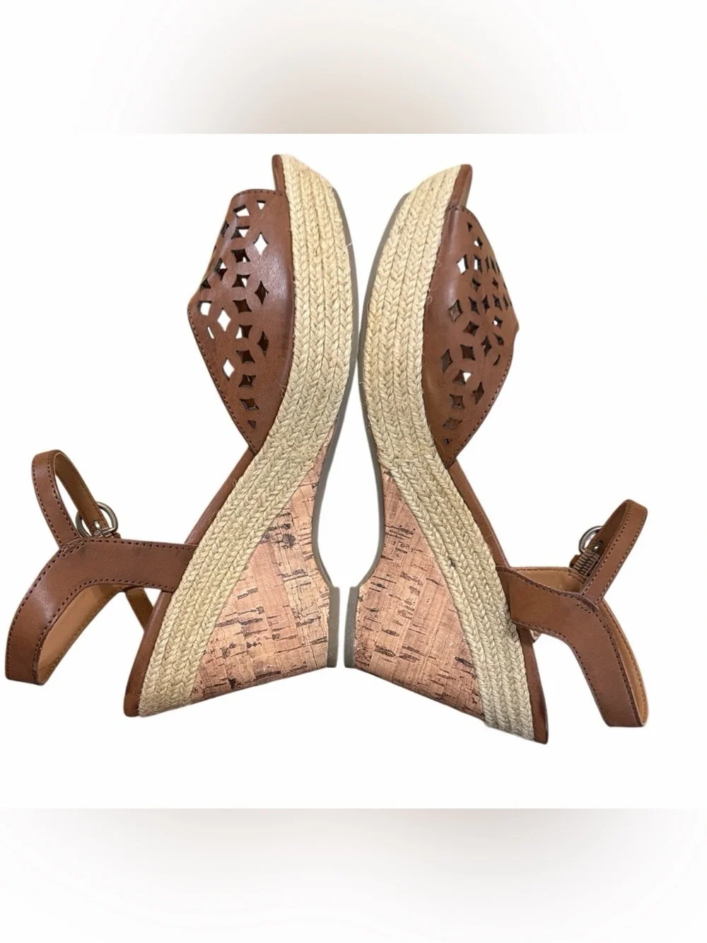 NWOT-Brown Leather Wedge Sandals with Cutout Detail